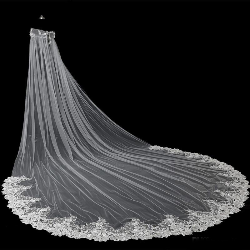 2020 Luxurious Off Shoulder 3D Flowers Crystal 115inch Cathedral Train Wedding Bridal Wraps Applique Lace Wedding Bridal Capes