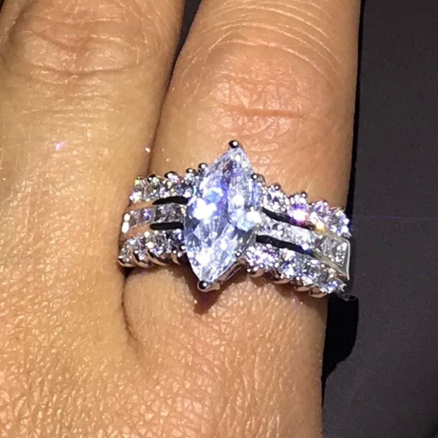 Size 6-10 Hot Luxury Jewelry 925 Sterling Silver Marquise White Topaz Stunning Diamond Female Party Women Wedding Band Ring For Lovers' Gift