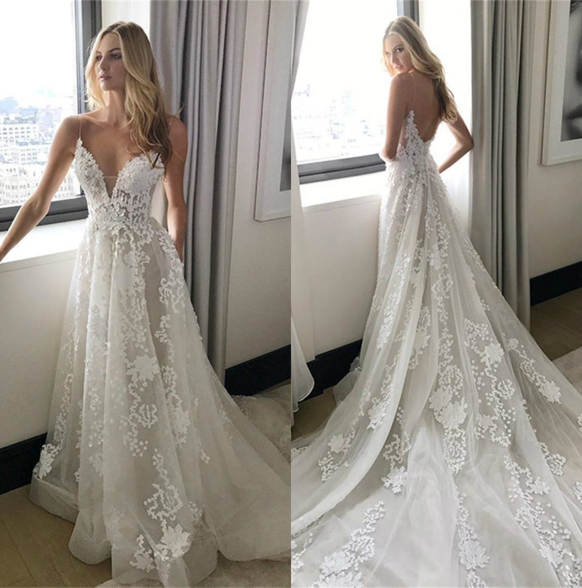 Pallas Cuture Gorgeous Wedding Dresses A Line Sexy Deep V Neck Delicate Applique Cathedral Length Backless Bridal Dress Custom Made, Black
Pallas Cuture Gorgeous Wedding Dresses A Line Sexy Deep V Neck Delicate Applique Cathedral Length Backless Bridal Dress Custom Made, Black