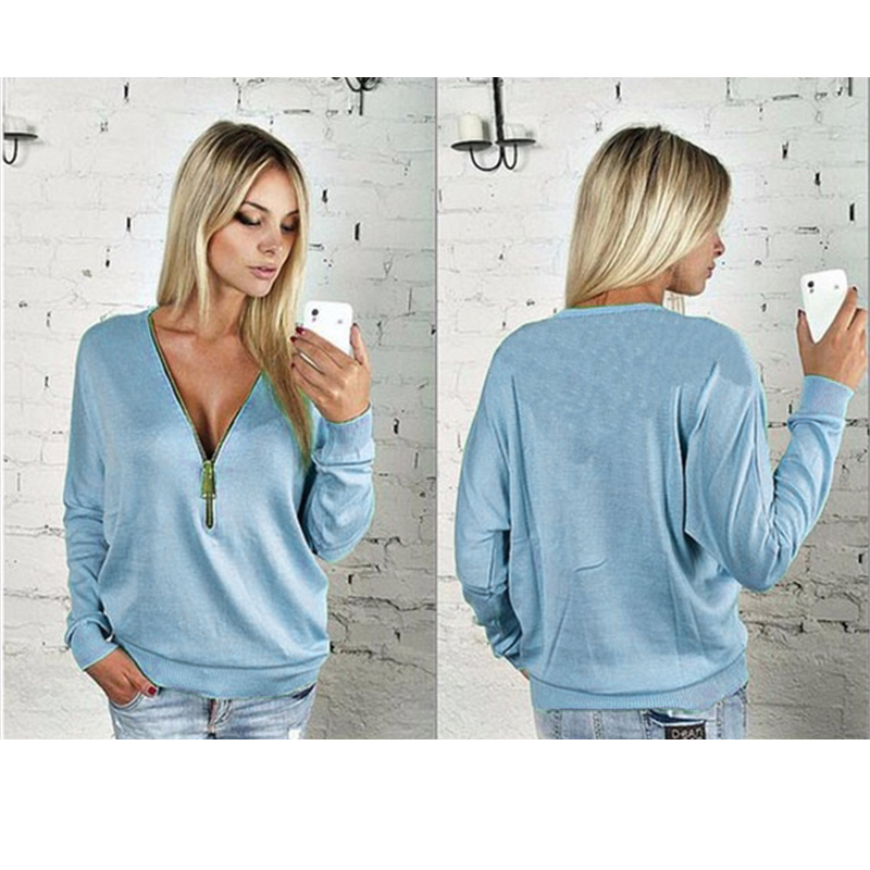 NewAutumn Women Dress Sexy Fashion Batwing Sleeve Blouse Deep V Collar Zipper Sweater Long Sleeved T-shirt Dress Plus Size S-5XL C18110701