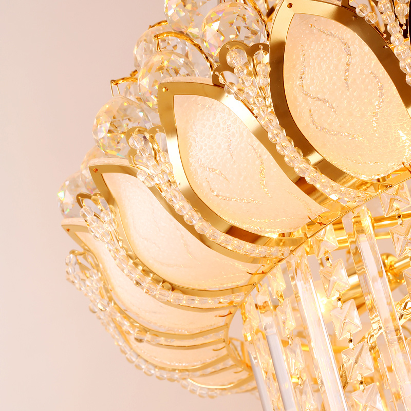 American Modern Crystal Chandelier LED Big Long Golden Chandeliers Lights Fixture European Lotus Flower Hotel Home Indoor Lighting