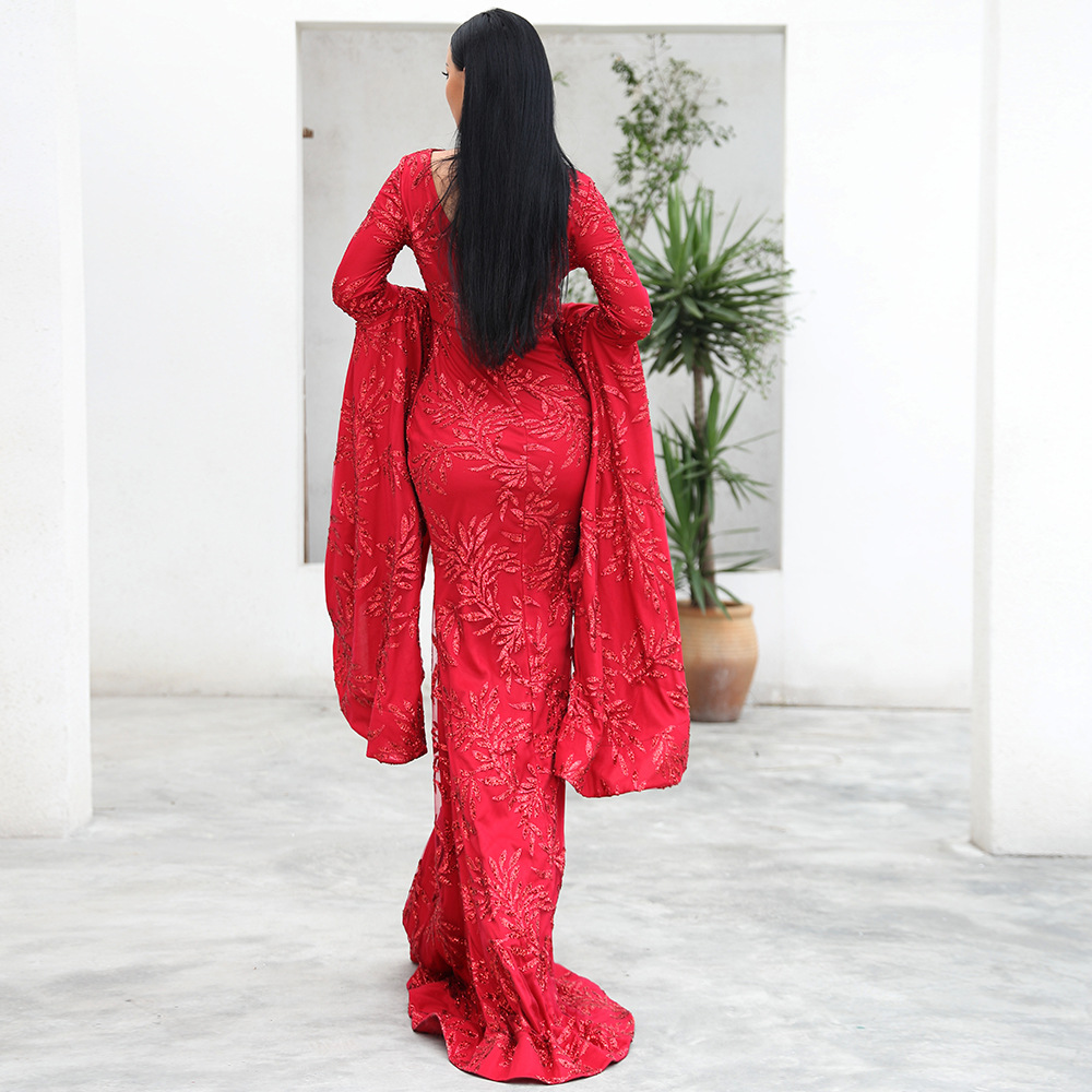Red Poet Flare Long Sleeve Evening Dress Bling Sequin High Neck Formal Long Trumpet Sleeves Sheath Party Prom Gowns Special Occasion Dresses