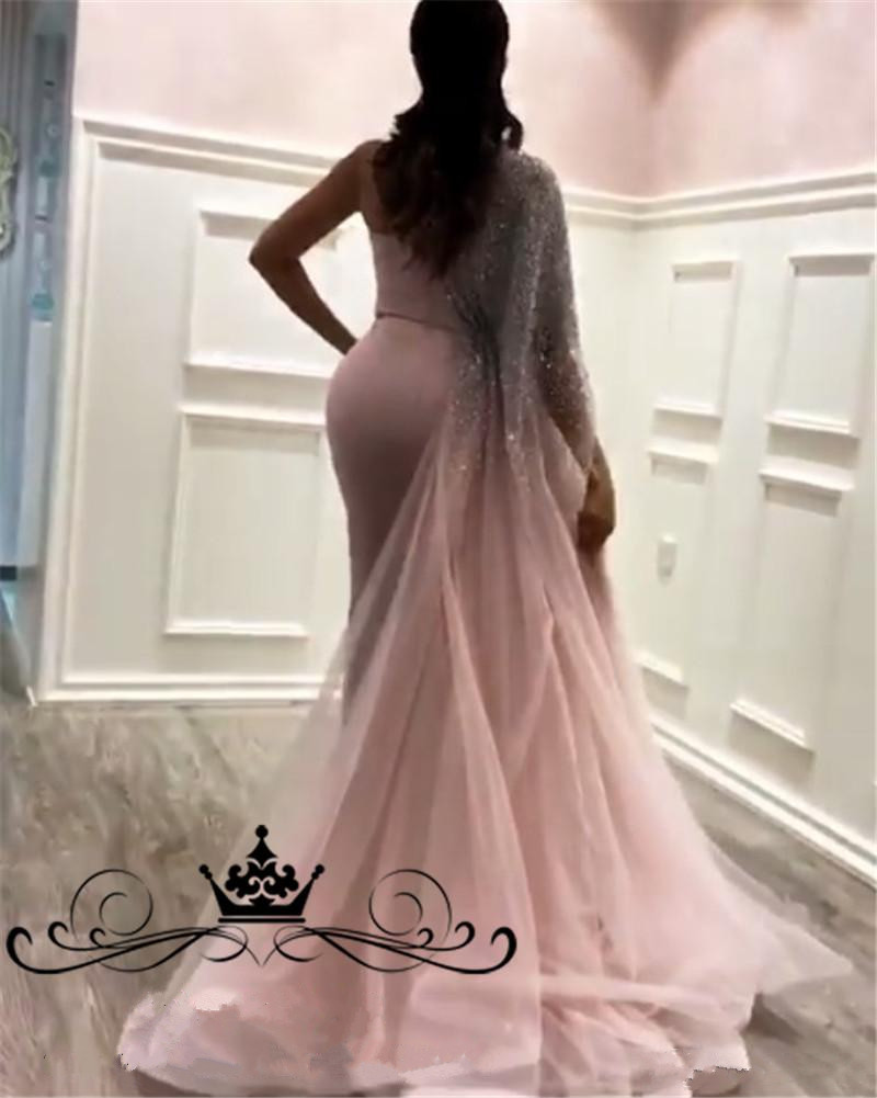 Yousef Aljasmi One Shoulder Mermaid Evening Dresses Cape Long Customized Arabic Dubai Beaded Sequined Pink Satin Tulle Formal Prom Gowns