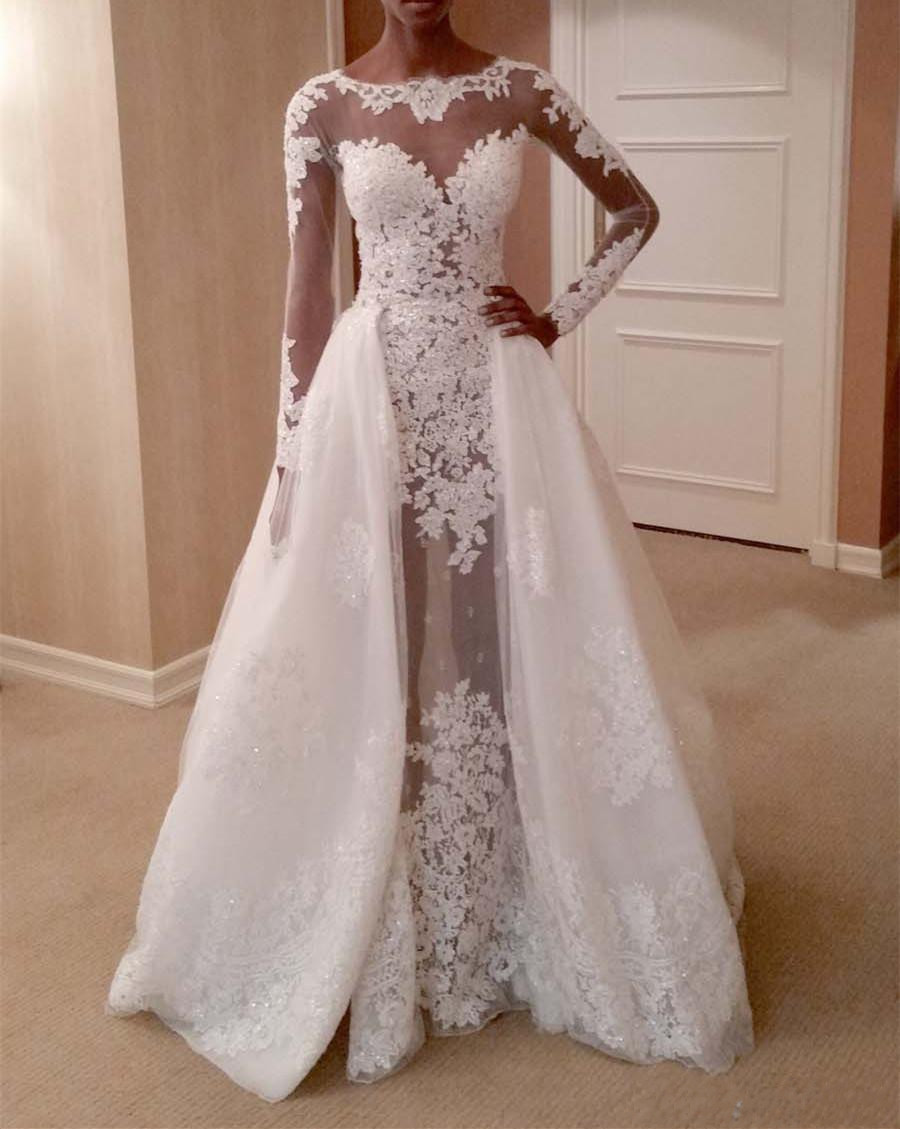 Sleeve Mermaid Long Wedding Dresses with Detachable Train Sequins Jewel Neck Abiti Da Sposa Illusion Bodice Lace Bridal Gowns