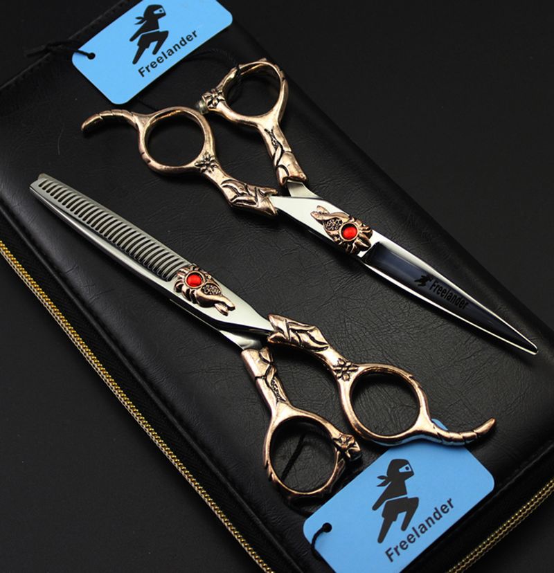 Freelander 6.0 inch 440C TB-66/TB-67 red drilled sunflower/TB-68 Pharaoh crown cutting/thinning scissors with leather case
