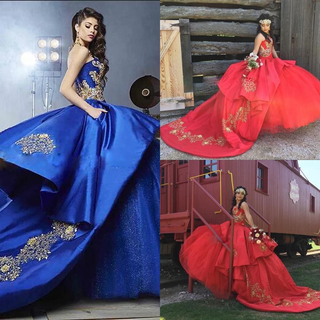 Royal Blue Red Ball Gown Quinceanera Dresses Sweetheart Embroidery Appliques Beading Gold Satin Tulle Luxury Sweet 16 Dresses Sweep Train