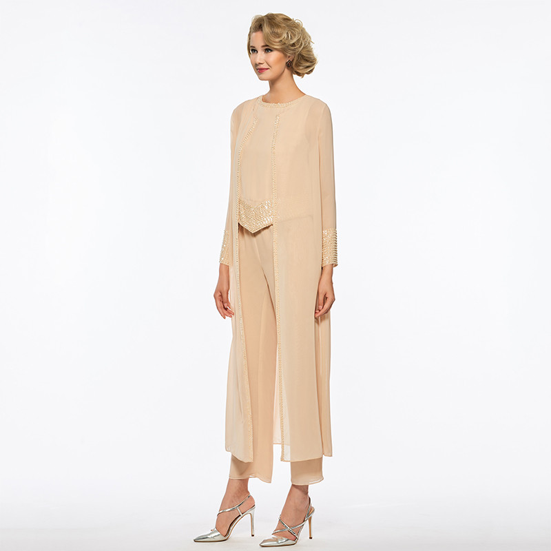 Elegant Two Pieces Mother Of The Bride Dress Pants Suit Sheath Long Sleeves Champagne Chiffon Wedding Party Mother Of The Bride Dress