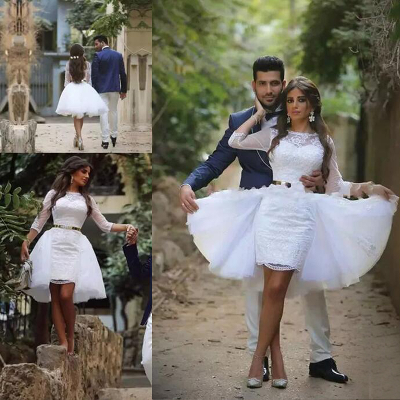 2020 Arabic Dubai Lace Short Beach Wedding Dresses with Detachable Skirt Bateau 3/4 Long Sleeve Mini Bridal Gowns Reception Custom Made, Ivory
2020 Arabic Dubai Lace Short Beach Wedding Dresses with Detachable Skirt Bateau 3/4 Long Sleeve Mini Bridal Gowns Reception Custom Made, Ivory