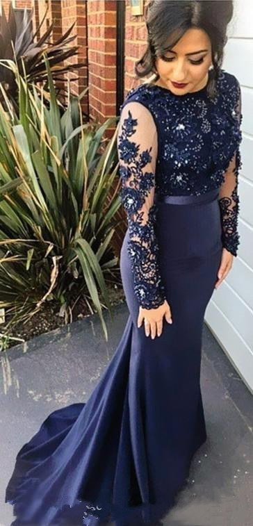 Navy Blue Mermaid Evening Dresses Custom Made Illusion Long Sleeves Appliques Beaded Prom Dress Plus Size Party Evening Gowns
