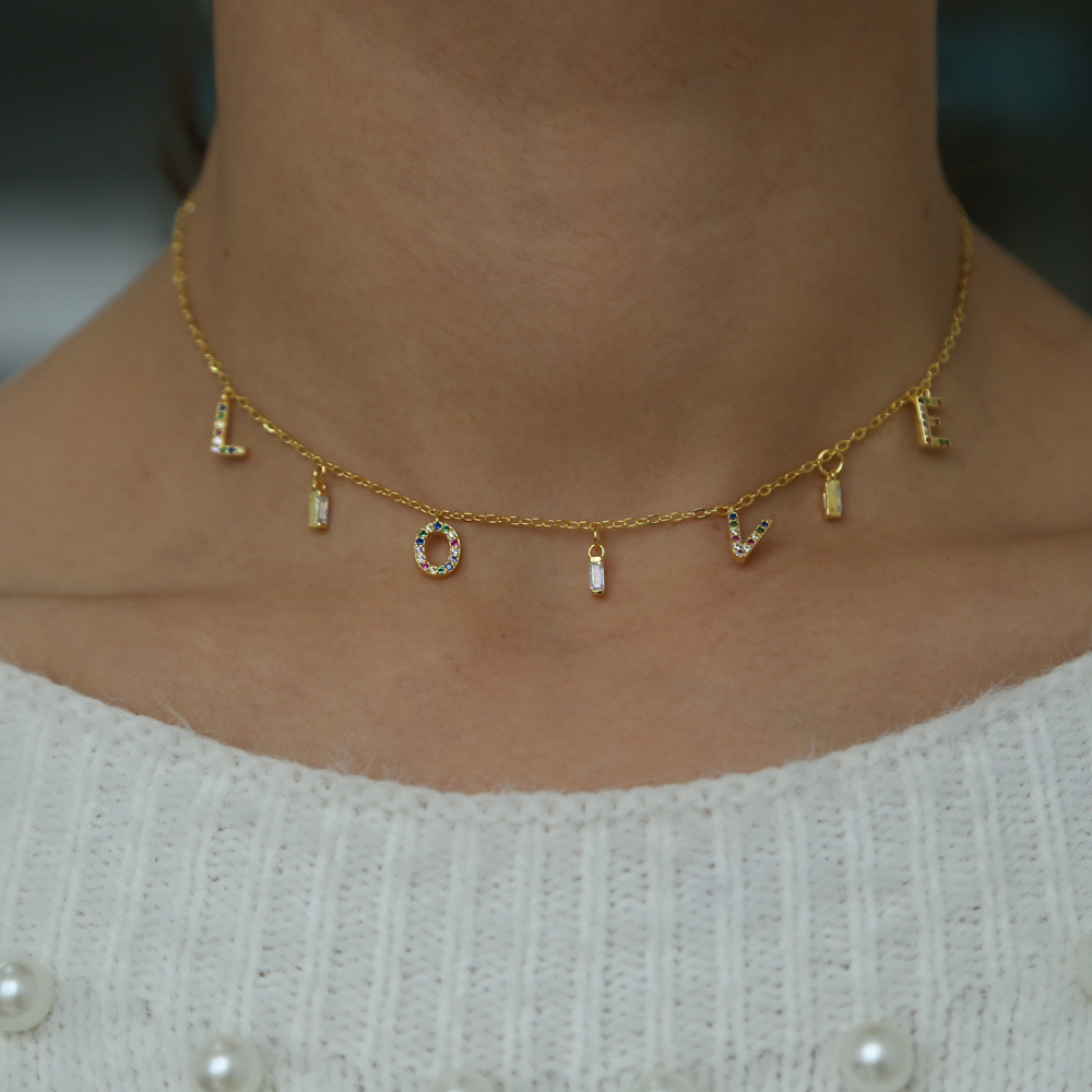 2019 valentines gift necklace for girlfriend love letter cz charm with rainbow cz gold plated statement necklaces