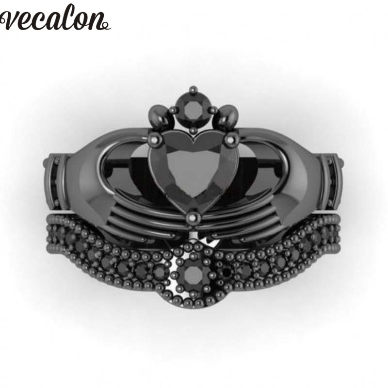 Vecalon New Female Black Birthstone claddagh ring 5A Zircon Cz Black gold filled Party wedding Band ring Bridal Sets for women
Vecalon New Female Black Birthstone claddagh ring 5A Zircon Cz Black gold filled Party wedding Band ring Bridal Sets for women