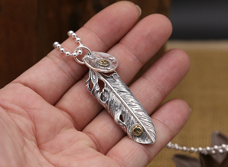 Brand new 925 sterling silver vintage jewelry antique silver hand-made designer feather necklace pendants no chain men women