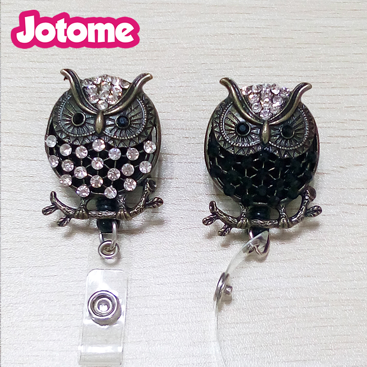 Fashion Custom Unisex Beautiful Rhinestone Owl Animal Card Retractable Badge Reel/Id Pull Holder