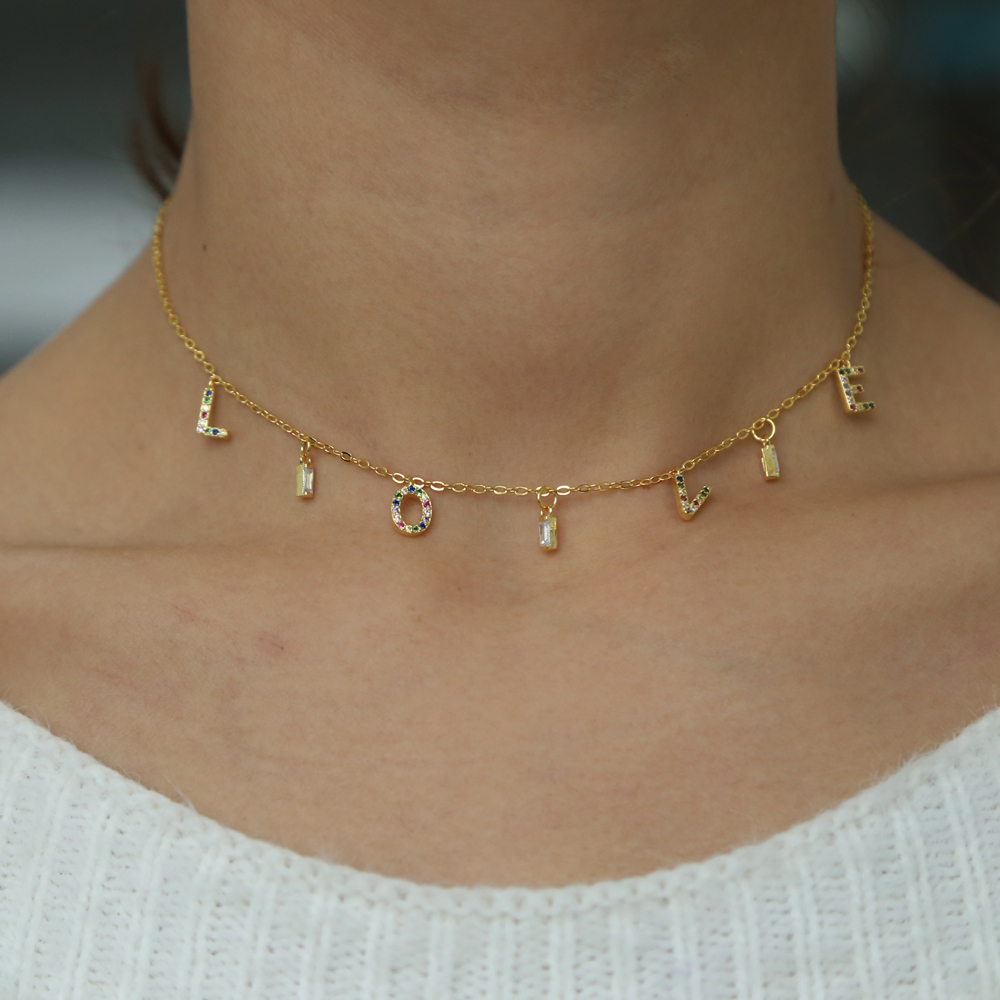 2019 valentines gift necklace for girlfriend love letter cz charm with rainbow cz gold plated statement necklaces
