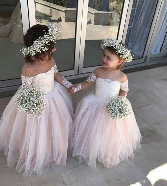 New Arrival Off Shoulder Light Pink Tulle Ball gown Floor Length Flower Girl Dress with Long Sleeves, Same as image
New Arrival Off Shoulder Light Pink Tulle Ball gown Floor Length Flower Girl Dress with Long Sleeves, Same as image