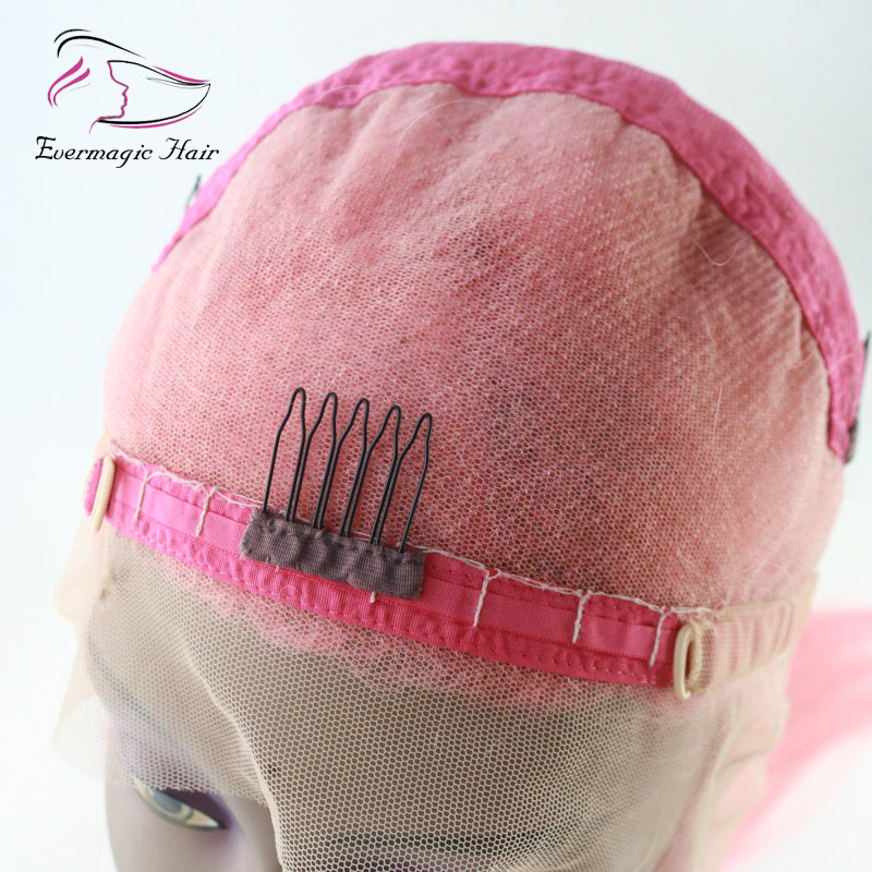 Evermagic Brazilian human hair full lace wigs light baby pink color straight silk base wig hair