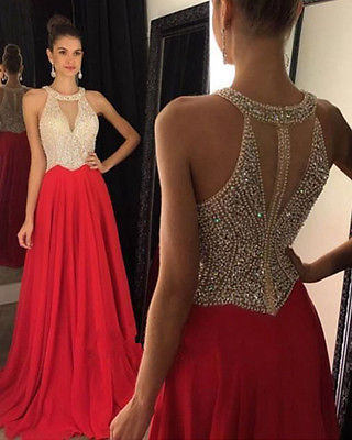 Vestidos de Fiesta 2022 Long Evening Dresses Red Chiffon Beaded Crystal A line Formal Long Sweep Train Prom Dress Halter Abendkleider Custom