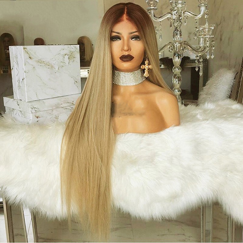 Free shipping High Temperature Fiber Peruca 28inches Long Straight Synthetic Hair Wig Brown Ombre Ash Blonde Lace Front Wigs for Cosplay