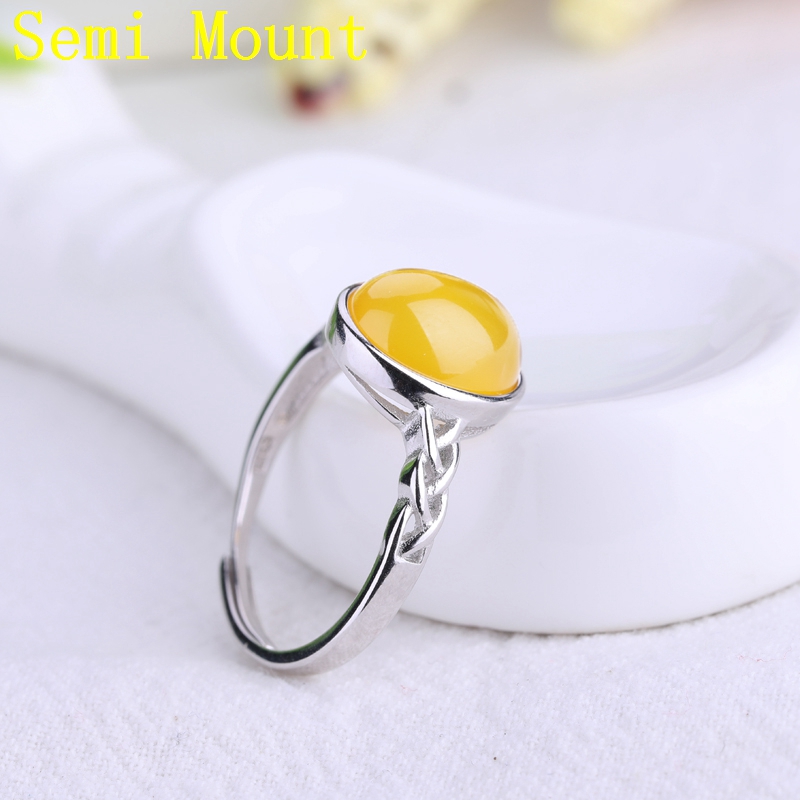 925 Sterling Silver Engagement Wedding Ring 9x10.8mm Oval Cabochon Semi Mount Ring Women for Amber Fine Jewelry Setting White Gold Color