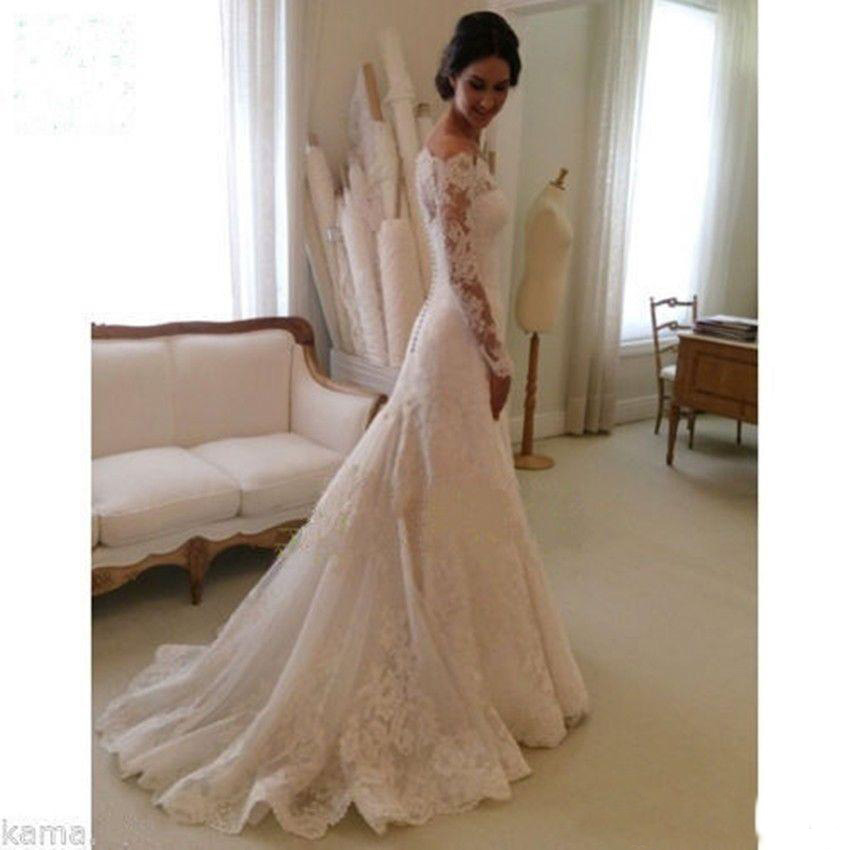 Vintage Lace Mermaid Wedding Dresses With Long Sleeve White Bateau Sweep Train Formal Bridal Gowns Buyer Show 0521