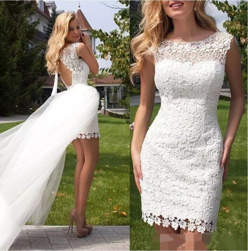 2020 Mini Short Wedding Dresses Bridal Gowns Detachable Train Sexy Open Back Bridal Gowns Full Lace Sheath Wedding Dress