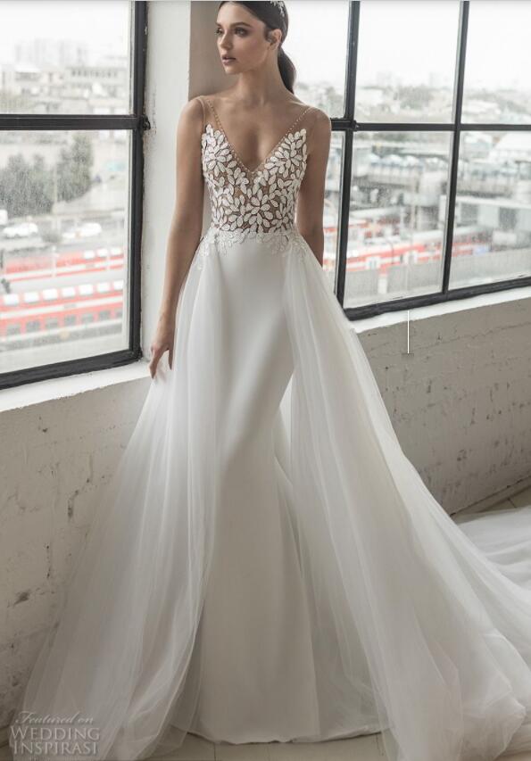 Julie Vino Mermaid Wedding Dresses With Detachable Skirt Sweep Train Elastic Satin Lace Applique Beach Wedding Gowns V Neck Backless Dress