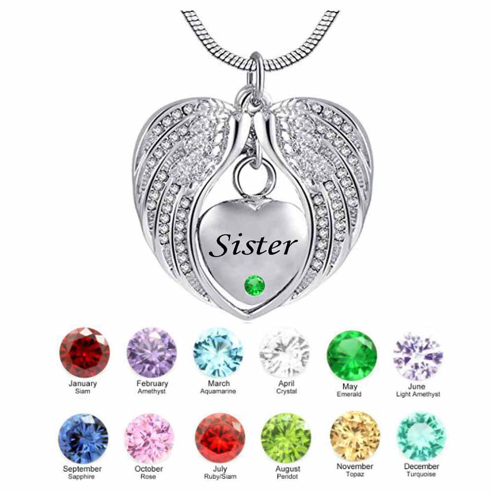 Creativity sister Wing Heart birthstone Cremation Urn Necklace for Ashes Urn Jewelry Memorial Pendant
Creativity sister Wing Heart birthstone Cremation Urn Necklace for Ashes Urn Jewelry Memorial Pendant