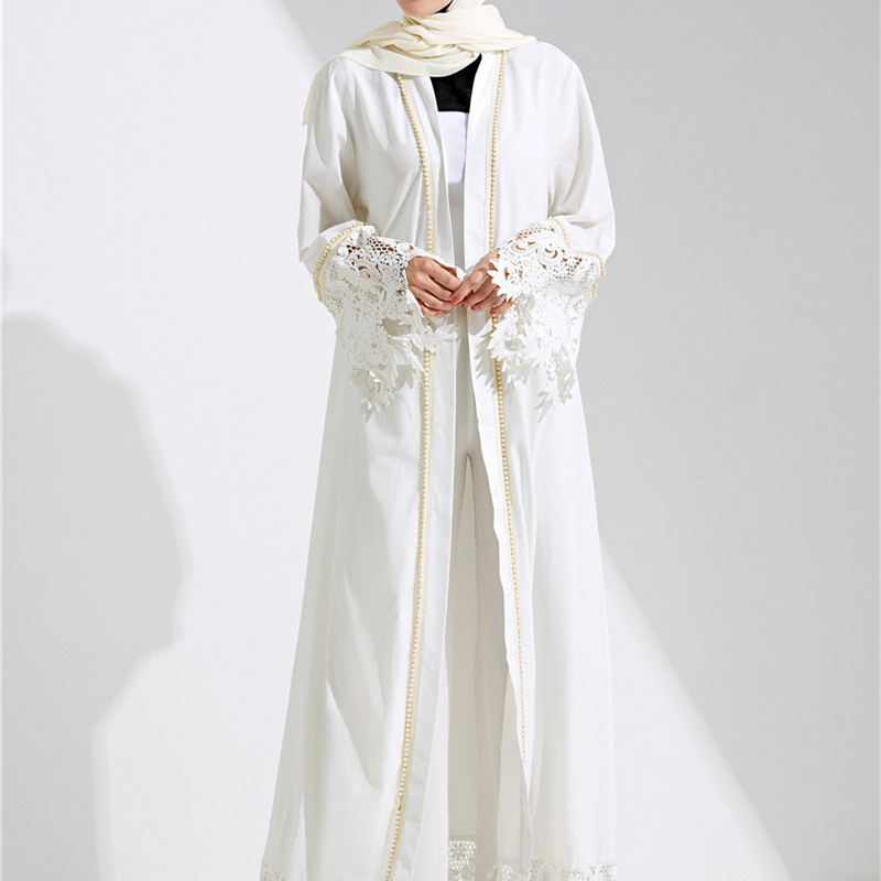 Dubai Caftan Abaya Kaftan Turkey Women Muslim Lace Pearl Dress Fashion White Robe Turkish Female Musulmane Cardigan Long dresses With Belt