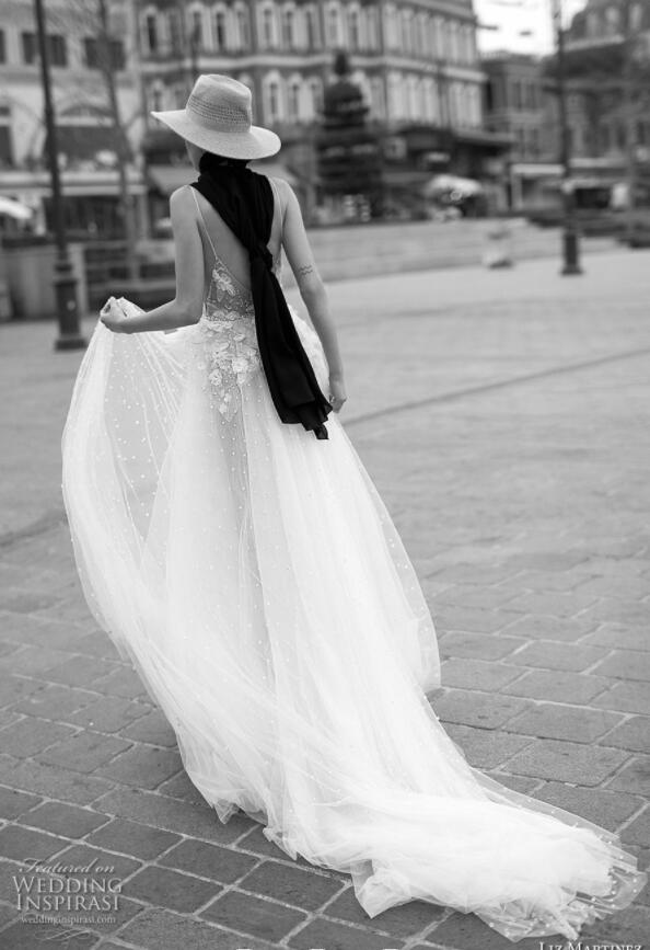 Liz Martinez A Line Beach Wedding Dresses Spaghetti Lace 3D Floral Applique Pearls Bohemian Bridal Dress Backless Plus Size Wedding Gowns