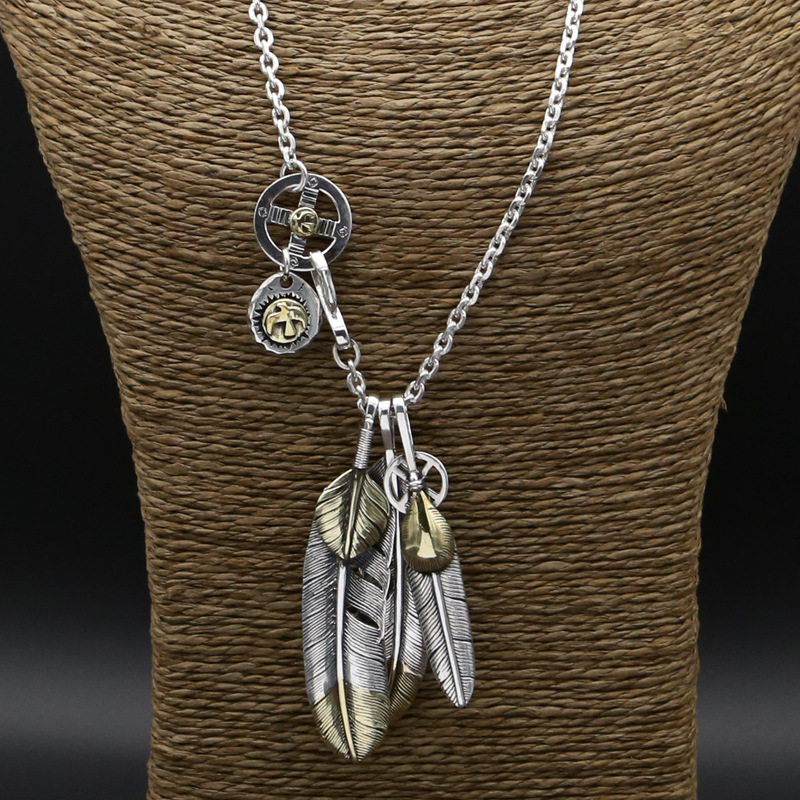 Brand new 925 sterling silver vintage jewelry antique silver hand-made designer eagle sign and feather pendant punk necklace for men women