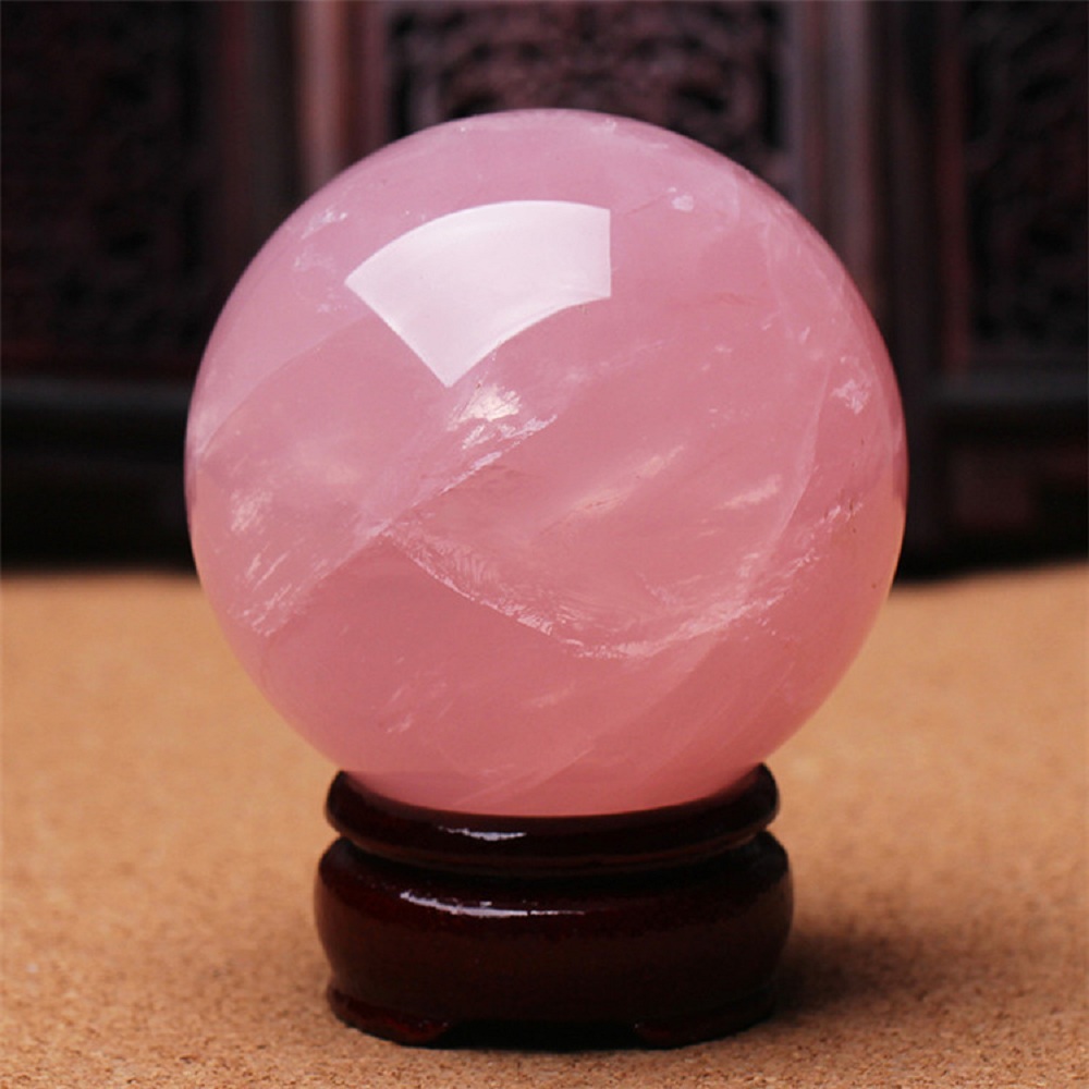 Rockcloud Healing Crystal Natural Pink Rose Quartz Gemstone Ball Divination Sphere decorative with Wood Stand Arts and Crafts