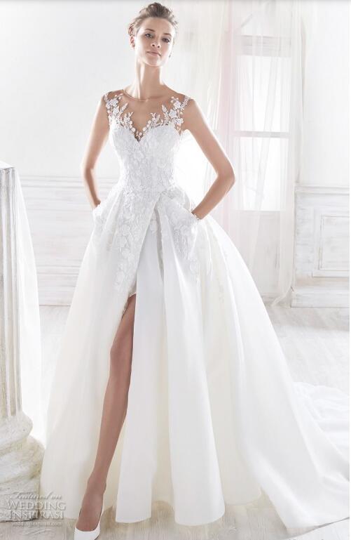 Nicole White Wedding Dress Elegant Sheer Jewel Neck Lace Applique Side Split Sweep Train Garden Bridal Gowns With Pockets