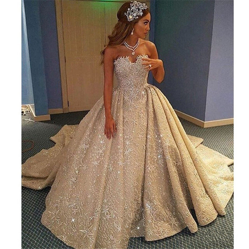 Gown Ball Sparkly Wedding Dresses Sweetheart Beaded Lace Appliqued Bridal Gowns Sleeveless Plus Size Vestido Custom Made S