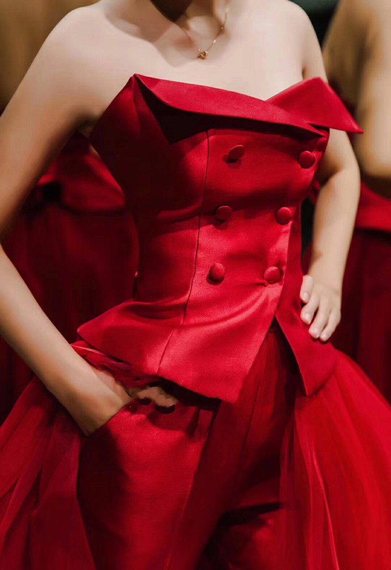 Women Dresses With Long Train Pants Red Evening Gowns Two Pieces Strapless Sweep Train Zuhair Murad Prom Dress Vestidos Festa Satin Tulle