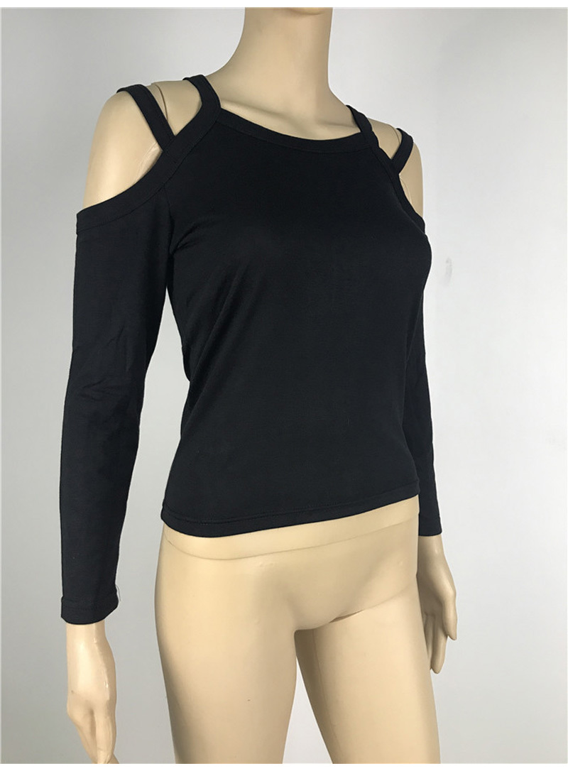 Women Sexy Knitted Cotton Long Sleeve Slim Fit Casual Top T-shirt Off Shoulder Black T Shirt 2018 Fashion O-neck Female Shirts