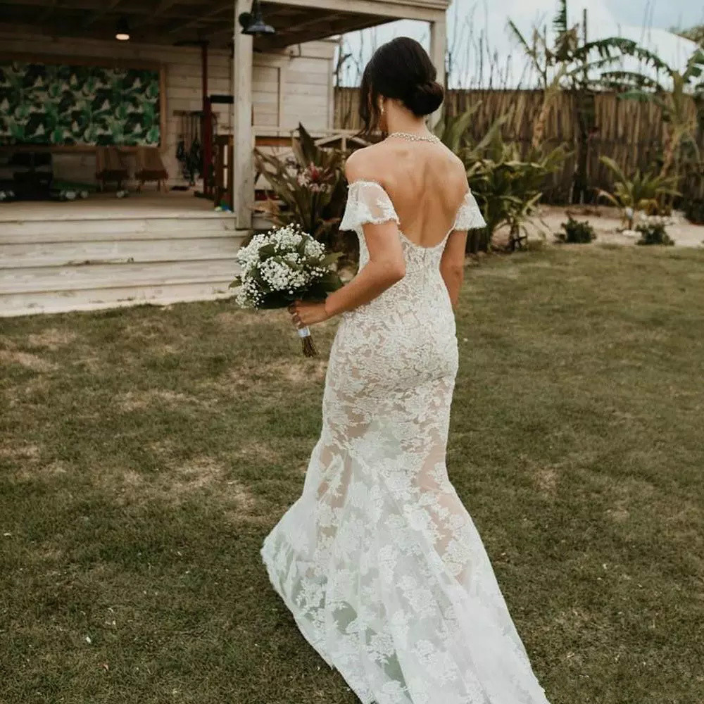 Sexy Illusion Mermaid Wedding Dresses Off Shoulder Lace Appliqued Backless Sweep Train Country Bridal Dress Sweep Train vestidos de novia