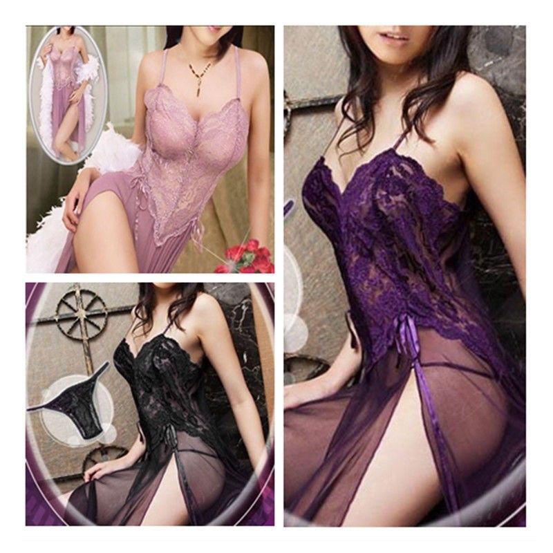 Women Sexy Lingerie Lace Sleepwear Babydoll Sling Dress Gstring Purple Red #T69