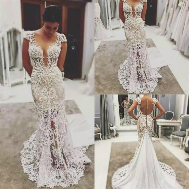 illusion back chapel train mermaid lace wedding dresses new arrival cap sleeve bridal gowns plus size vestidos