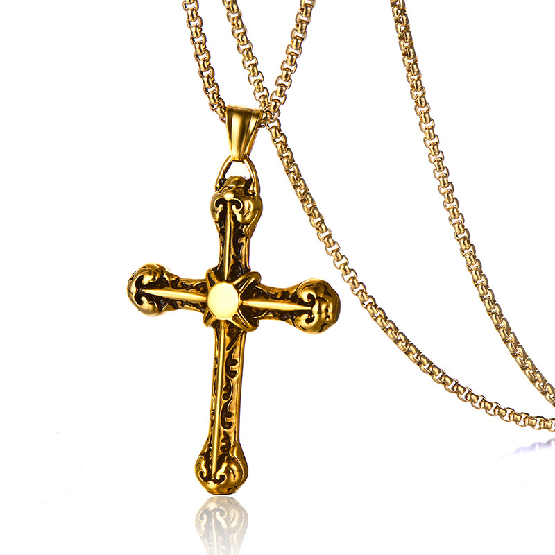 Classic Retro Cross Pendant Necklace 316L Stainless Steel Gold Plated with Sweater Chain Necklace