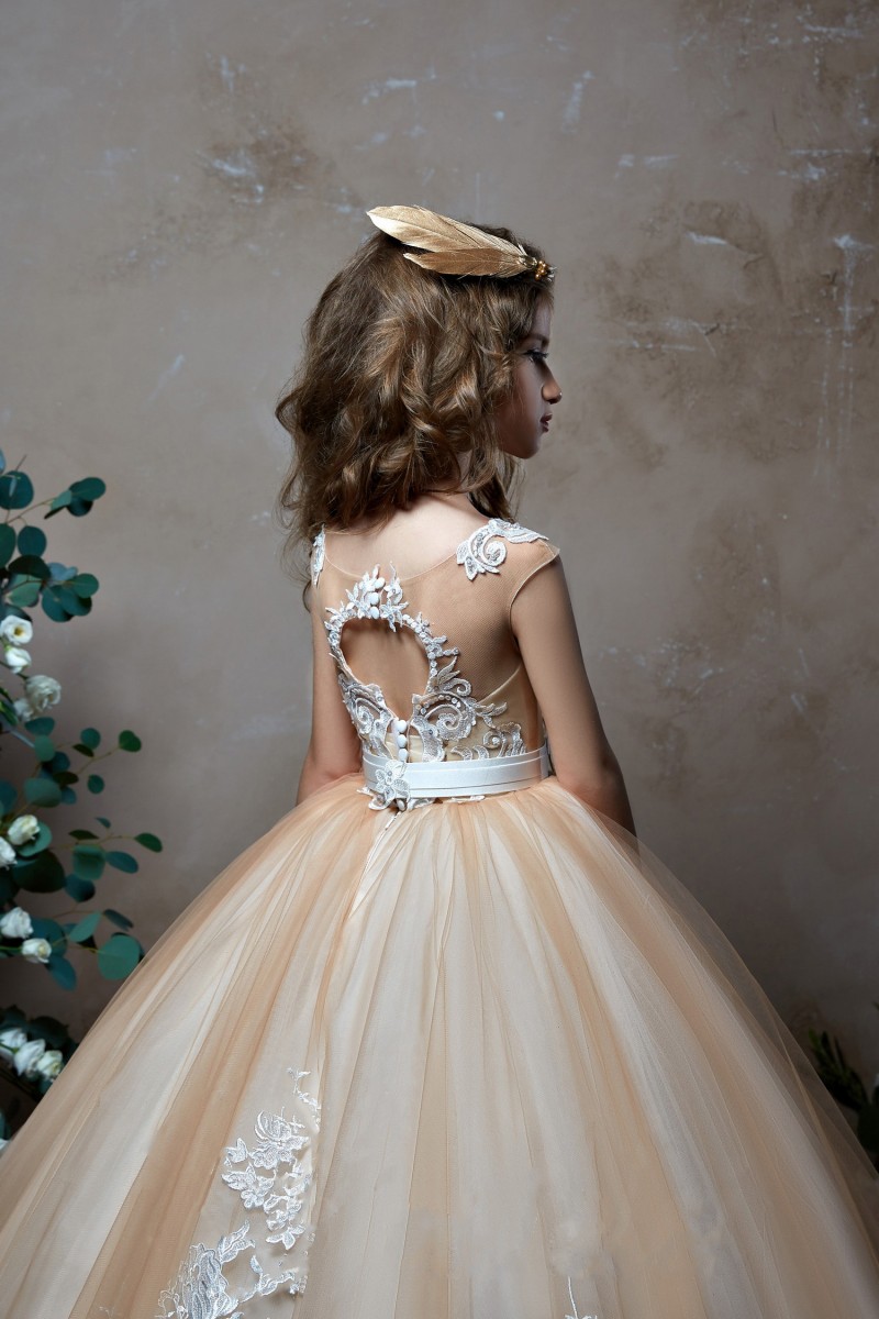 Pentelei 2019 Champagne Flower Girl Dresses For Weddings Lace Appliqued Little Kids Baby Ball Gowns Cheap Long Communion Dress