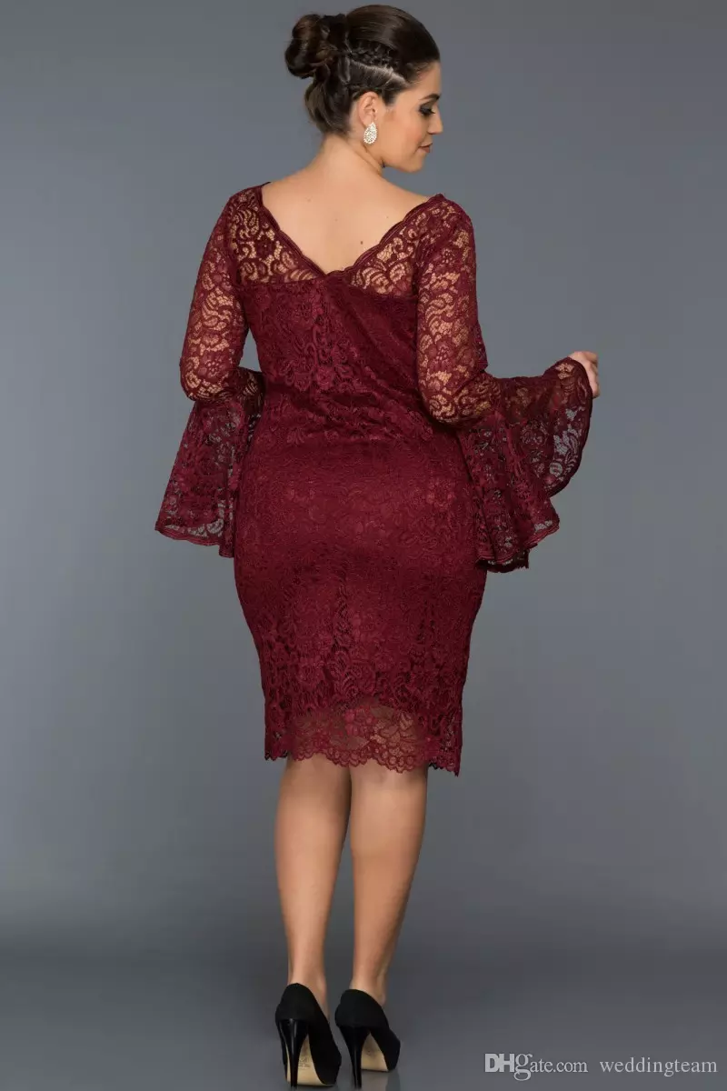 Burgundy Plus Size Lace Mother Of The Bride Dresses Puffy Long Sleeve Bateau Neck Wedding Guest Dress Knee Length Sheath Evening Gowns