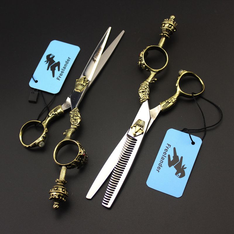 Freelander 6.0 inch 440C TB-66/TB-67 red drilled sunflower/TB-68 Pharaoh crown cutting/thinning scissors with leather case