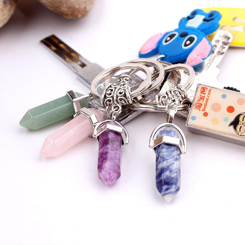 Chakra Hexagon Prism Natural Stone Keychain Key Ring Handbag Hangs Fashion Jewelry Gift Drop Ship