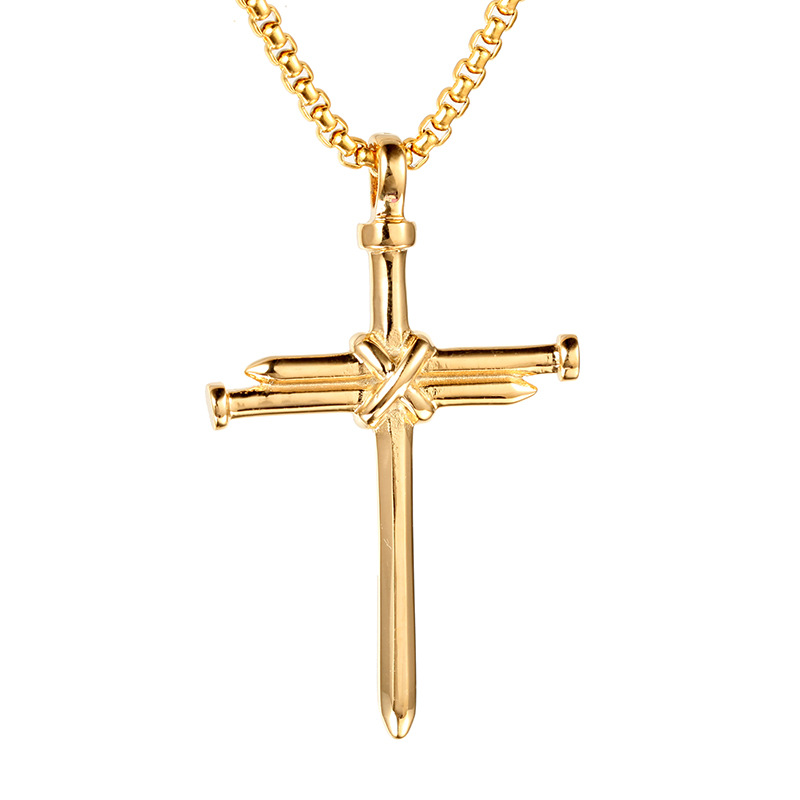 Hip Hop Gothic 316L Stainless Steel Nail Cross Pendant Necklace Gold Plated Mens Jewelry
