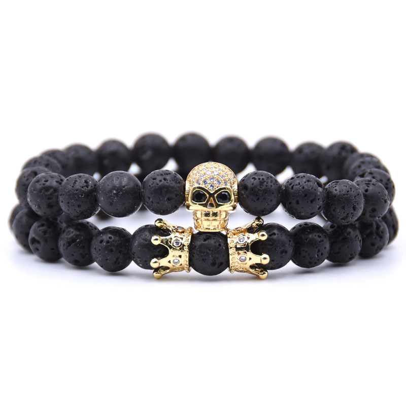 Couple black matte agate lava beads crown zircon skeleton 8 mm beaded bracelet (2 pieces)