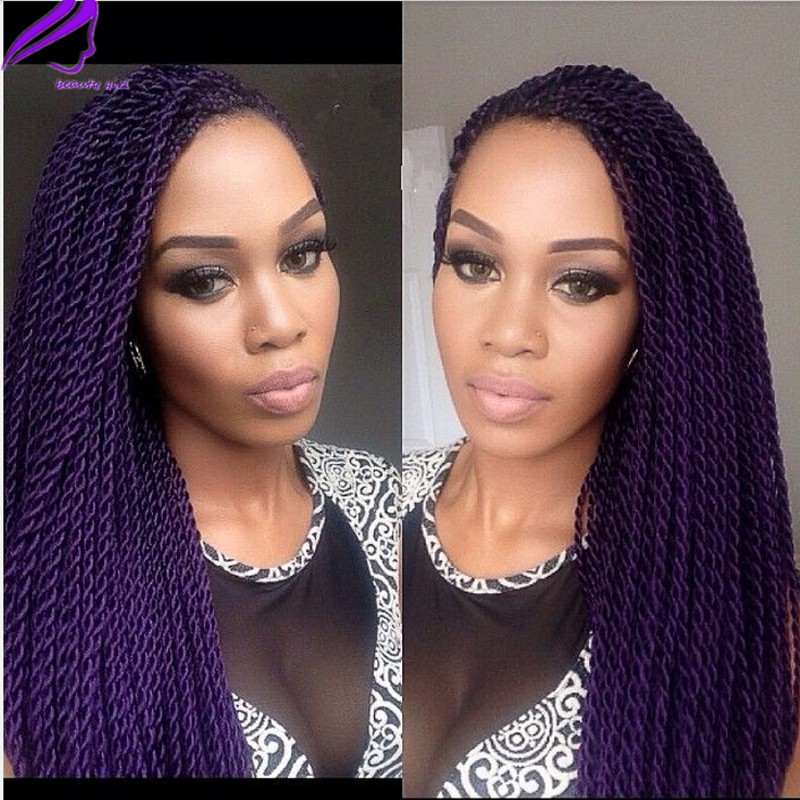 Long Straight Fully hand braided Lace Front wigs purple/brown /black/blonde Senegalese Rope 2x twist Synthetic Handmade Wig For black Women