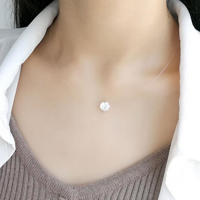 68mm White CZ And Pearl Invisible Clear Rope Necklace 925 Silver Women Jewelry