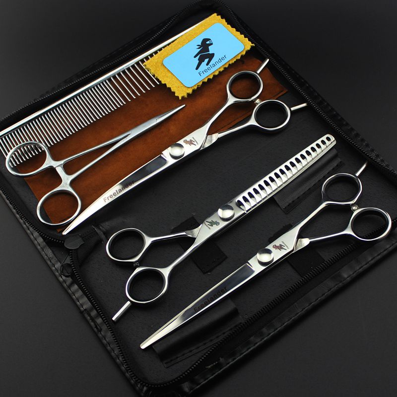 professional freelander 7.0 inch pet hair cutting/thinning scissors Fishbone scissors Black/Silver/Green with case
