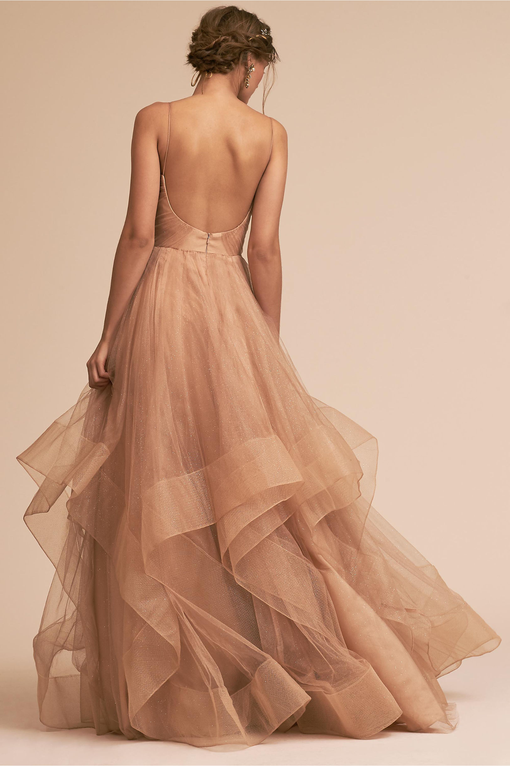 Dark Champagne Beach Weddimg Dresses A Line Spaghetti Tiered Tulle Sexy Backless Sweep Train Shiny Gitter Country Bridal Gowns Plus Size