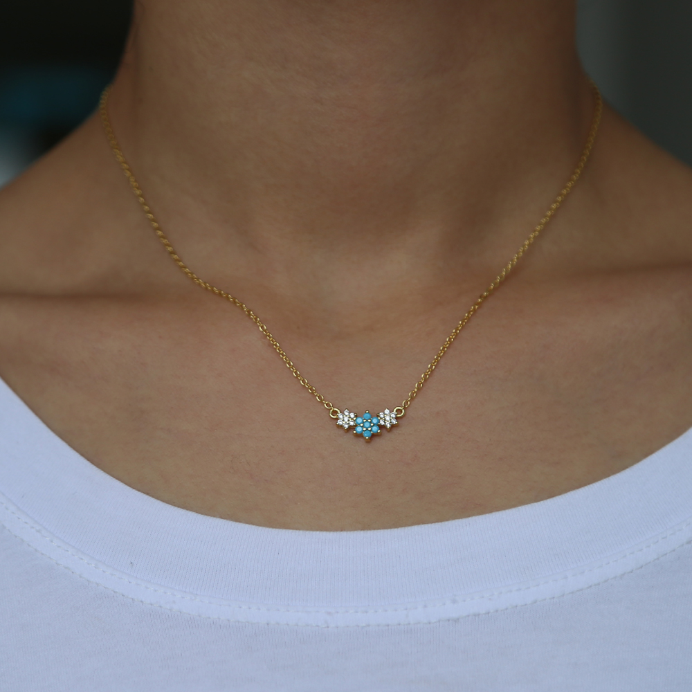 white cz blue turquoise gemstone elegance three flower necklace lovelly 925 sterling silver jewelry minimal dainty silver new jewelry